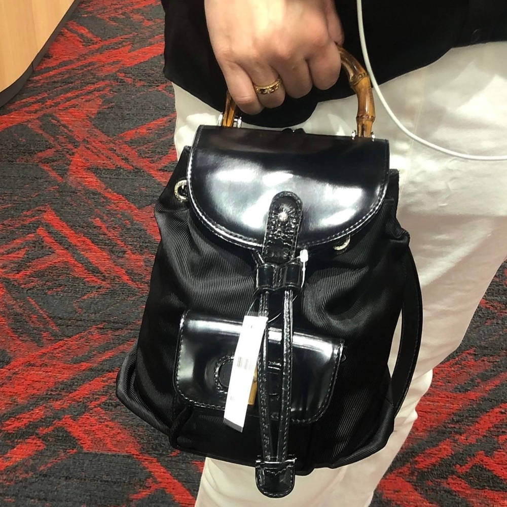 Authentic GUCCI Logos Bamboo Mini Backpack Bag Nylon Leather Black Italy